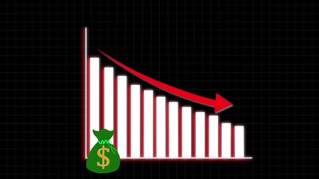 White Bar Chart with Red Arrow and Money Bag Indicating Financial Decline on Dark Grid
