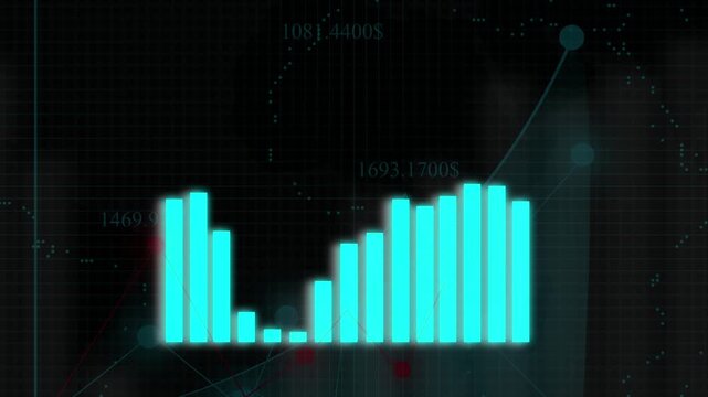 Glowing cyan bar chart with financial data and abstract background graph finance