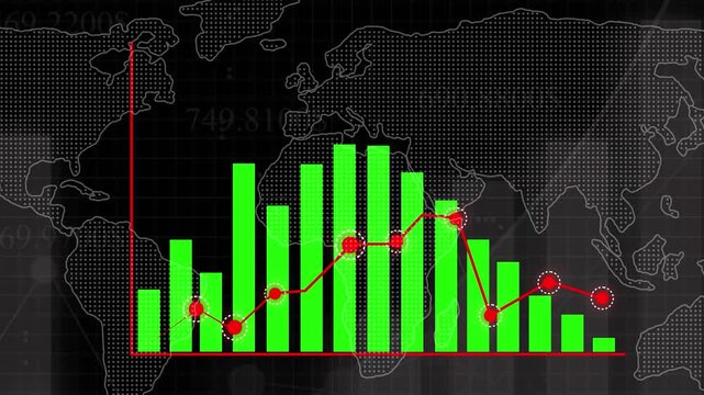 Global financial bar and line graph with world map background chart finance