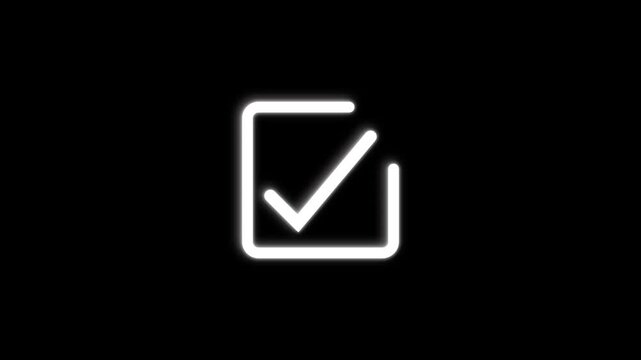 White Neon Check Mark Inside a Square Outline on Black Background checkbox tick