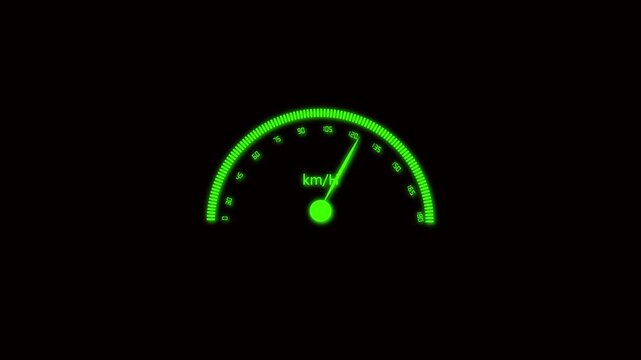Glowing Green Speedometer Dial with Needle on Black Background Keywords: speedometer, speed, km/h, dial, gauge, instrument, vehicle, car, motorcycle, speed limit, velocity, measurement, indicator
