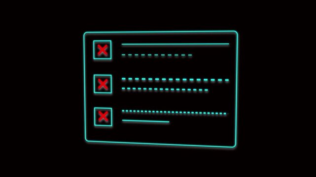 Neon blue checklist with red crosses on a black background to-do list task list