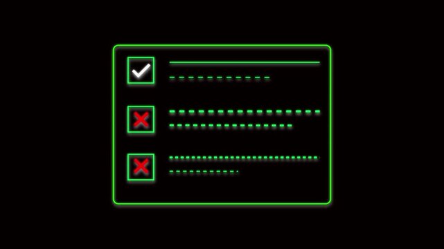 Neon Green Checklist with One Checkmark and Two Red X's on Black Background Keywords: checklist, to-do list, survey, form, questionnaire, selection, choice, decision, task, completed, incomplete