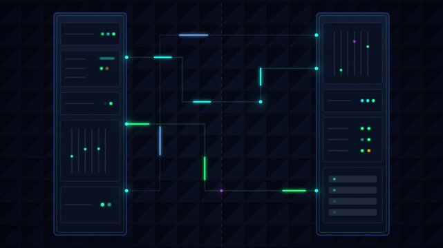 Futuristic data server interface with glowing digital connections, abstract cloud computing network background, high-tech information processing concept