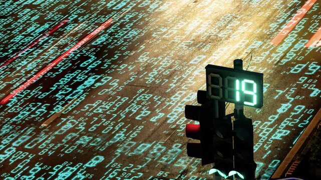 traffic lights at a on sathorn road in bangkok with code and data overlayed onto the road