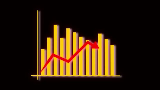 Downward Trending Bar Chart with Red Arrow on Black Background graph data