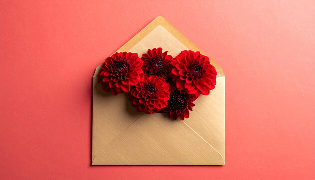 Open kraft paper envelope with red dahlia flowers on coral background. Red dahlia flowers emerging from a kraft paper envelope on a vibrant coral pink background, banner layout with copy space.