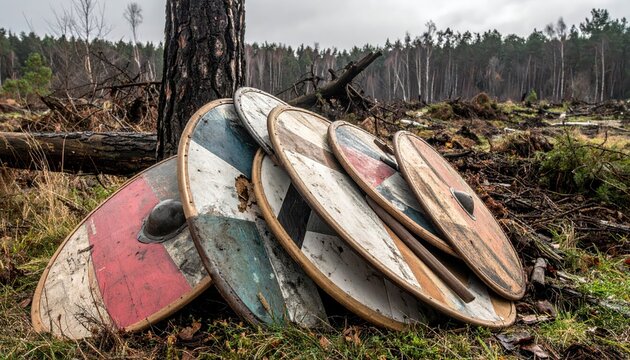 Viking shields stacked against a tree in a deforested area, evoking historical battles and environmental themes