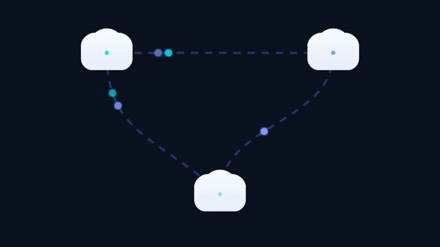 Abstract digital network animation, data transfer between camera icons on dark background, cloud computing and global connectivity concept