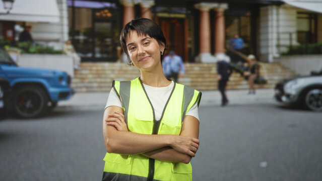 Woman in yellow safety vest with arms crossed smiling on street by building entrance steps and columns; confidence approachability.