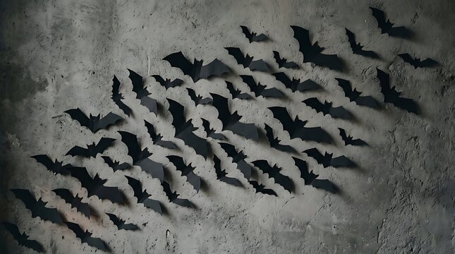 Black paper bats swarm flying on rustic grey concrete wall background.