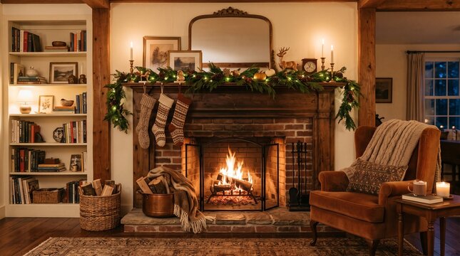 Cozy living room with lit fireplace and holiday garland. Warm winter home interior featuring festive decor and crackling flames.
