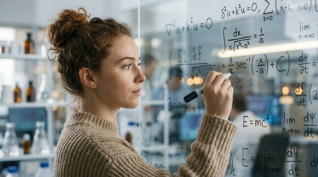 Young scientist working on innovative research and solving complex mathematical equations on a transparent whiteboard in a modern laboratory