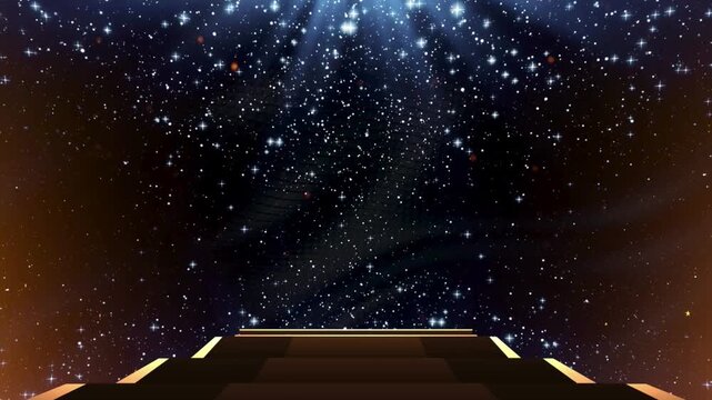 Stage background with glowing stars in night sky over dark geometric platform space cosmos event spotlight shimmer space cosmos event spotlight shimmer