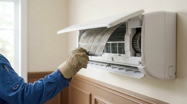 Closeup of a technician's hand changing the filter of a minisplit air conditioner indoor unit for seasonal preventive maintenance in a home.