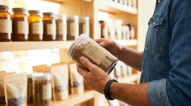 Medium shot of a distributor examining holistic pet food containers with clear focus on the ingredient list.