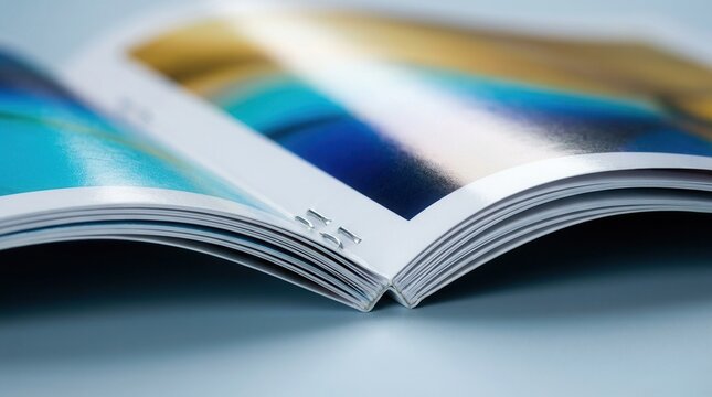 Opened glossy booklet with saddle stitched binding featuring vibrant printed pages and smooth binding staples in focus.