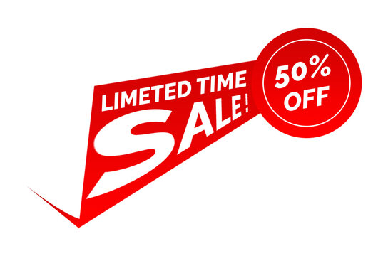 A Red Limeted Time Sale! 50% Off Banner and Circle Design Element on a White Background Featuring Discount, Offer, Promotion