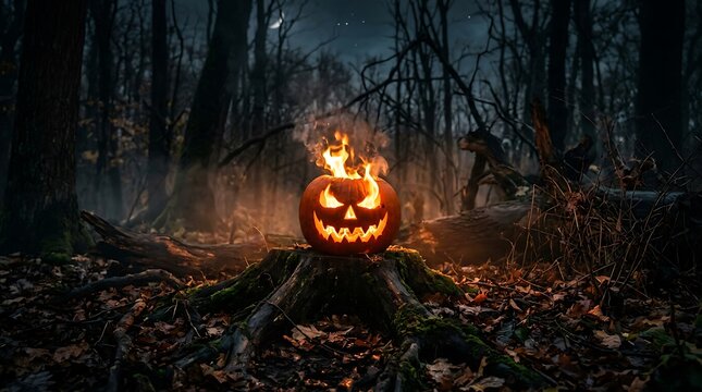 Flaming jack o lantern on mossy tree stump in deep dark misty forest at night.