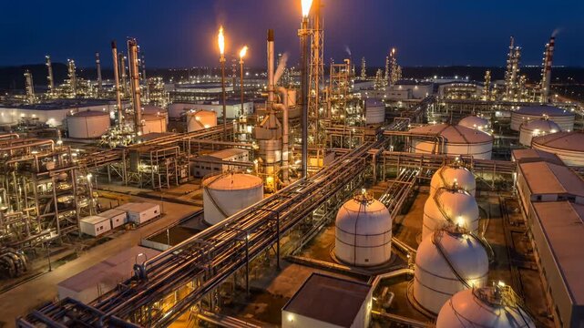 Aerial Night View of Oil and Gas Refinery Plant with Illuminated Pipelines and Storage Tanks