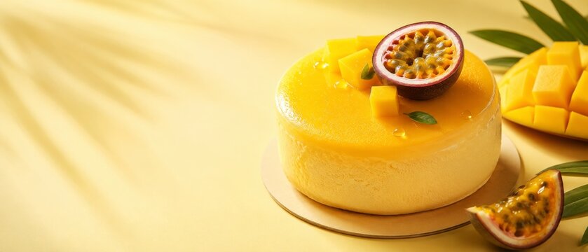 Vibrant mango mousse cake with passion fruit and fresh mango cubes on a bright yellow background. banner format
