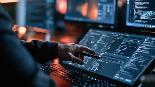 Cybersecurity Expert at Work: A focused individual, illuminated by the glow of multiple monitors displaying complex code, works diligently in a dimly lit room.