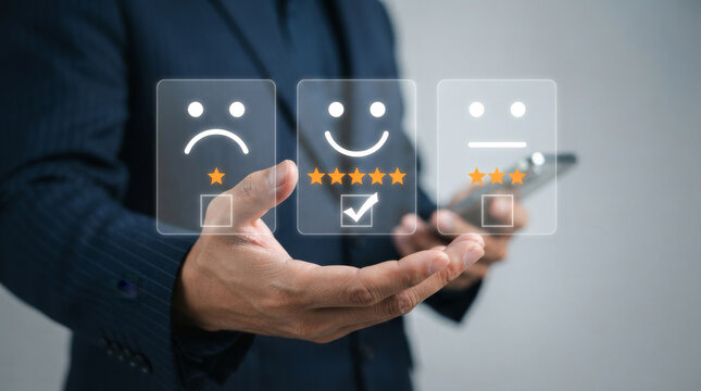Customer feedback concept with businessman holding virtual rating icons, online survey and user experience evaluation, client satisfaction review