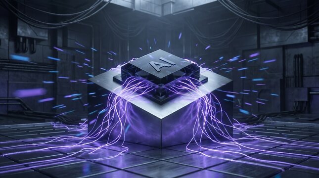 Futuristic AI Processor Chip with Glowing Purple Fiber Optic Cables. Artificial Intelligence Server Room Infrastructure and Cyberpunk Tech Backdrop.