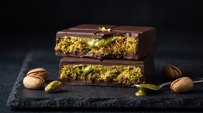 Dubai chocolate bar, showing kunafa and pistachio sauce inside, food photography