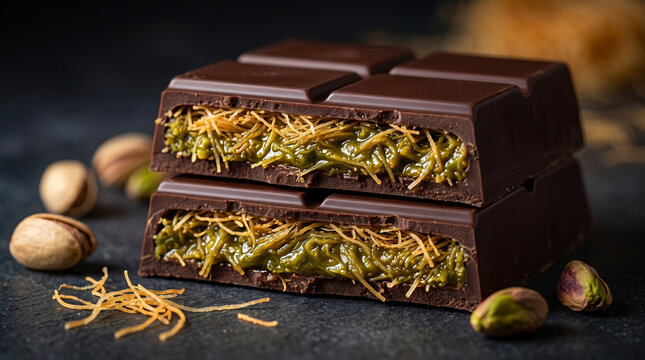 Dubai chocolate bar with kunafa and pistachio sauce inside, food photography
