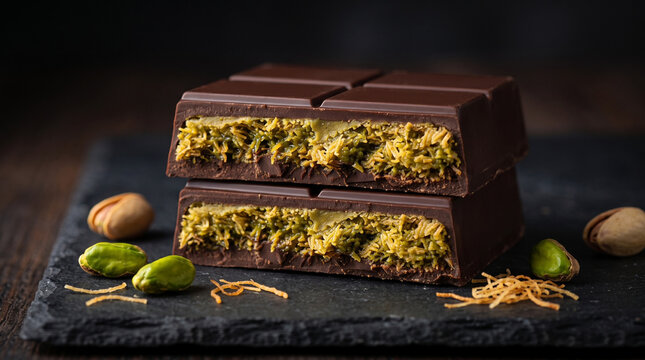 Dubai chocolate bar, showing kunafa and pistachio sauce inside, food photography