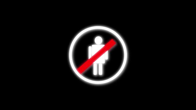 No entry for men icon. Minimalist icon of a person inside a circle with a red segment. Man icon on a circle. No man. no entry authorized access only animated not allowed man. Black background.