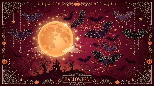 Halloween background featuring bats flying around full moon with haunted castle silhouette and spiderwebs.