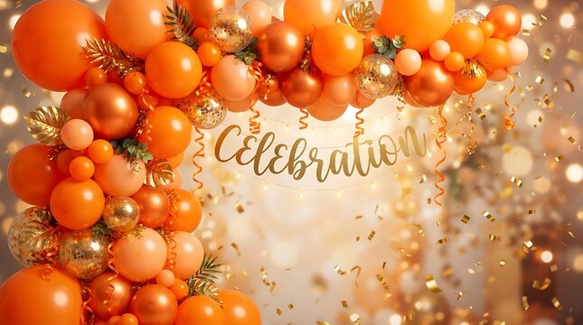 Celebration banner with orange and gold balloon arch, falling confetti, and bokeh lights.