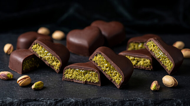 Dubai chocolate bar with love shape, showing kunafa and pistachio sauce inside, food photography