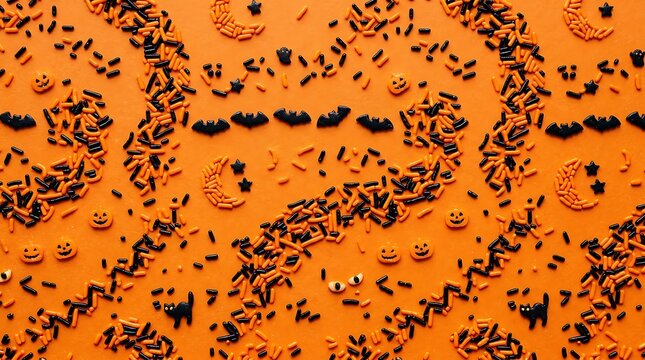 Halloween sprinkles creating intricate patterns on an orange background, top view.