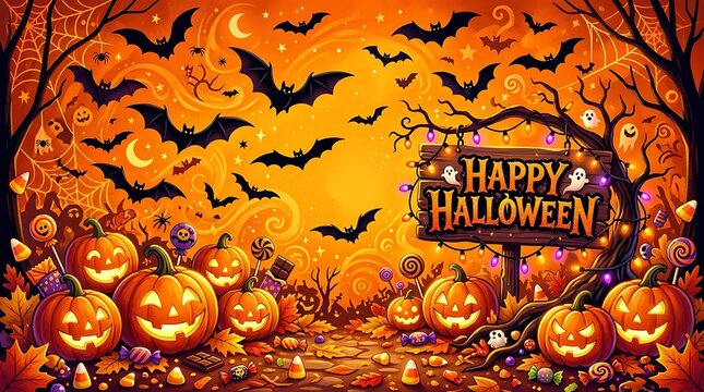 Happy halloween illustration with pumpkins bats and candy on orange festive background.
