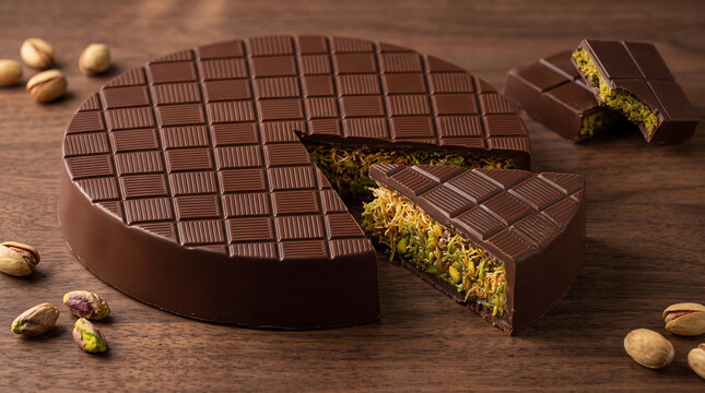 Big round dubai chocolate bar, showing kunafa and pistachio sauce inside, food photography