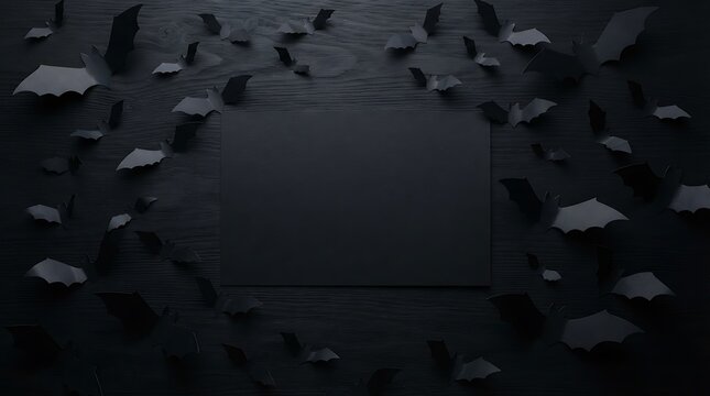 Collection of black paper bats isolated on a dark textured wooden board.