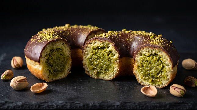 Chocolate doughnut with kanafeh and pistachio sauce  filling