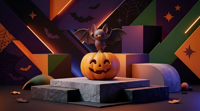 Stylized 3d cartoon bat perched on a happy jack o lantern pumpkin on a stone platform with vibrant geometric shapes and spiderwebs.