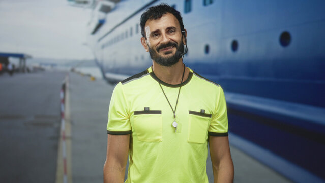 Man in middle age with beard wearing a fluorescent referee shirt, whistle on lanyard and headset, smiling with eyes closed and head tilted at cruise terminal building pier; contentment.