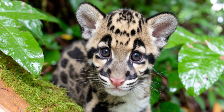 Clouded Leopard Cub Looking at Camera in a Lush Green Tropical Forest