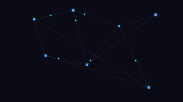 Abstract digital plexus animation, glowing blue network nodes connected by thin lines, futuristic data communication and global connectivity concept