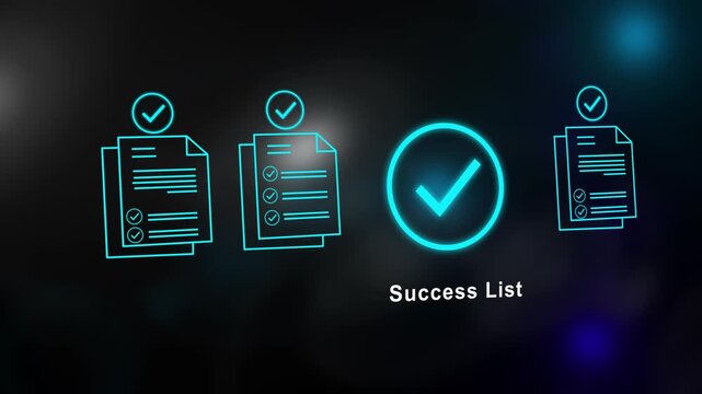 Futuristic Success List Animation Featuring Digital Checklist Verification For Quality Assurance Performance Tracking And High Achievement