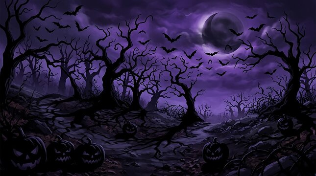 Gloomy midnight forest scene with carved glowing pumpkins and crescent moon under purple night sky.