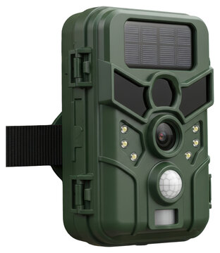 Solar powered wildlife trail camera motion sensor isolated transparent background
