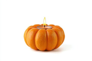 Obraz premium A decorative pumpkin-shaped candle holder with a lit candle emits a warm, inviting glow, perfect for autumn ambiance.
