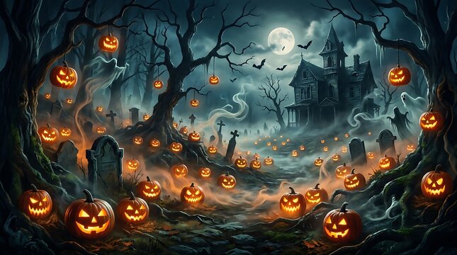 Spooky halloween graveyard landscape featuring a haunted house glowing carved pumpkins and mysterious ghosts under full moon.