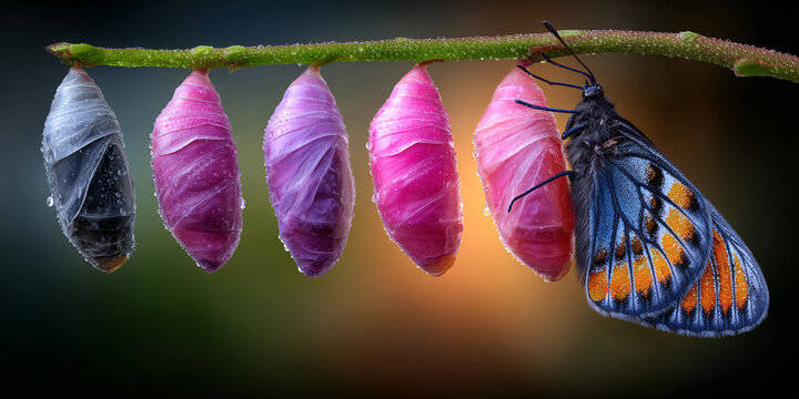 Metamorphosis Sequence Showing Butterfly Emerging from Colorful Chrysalis